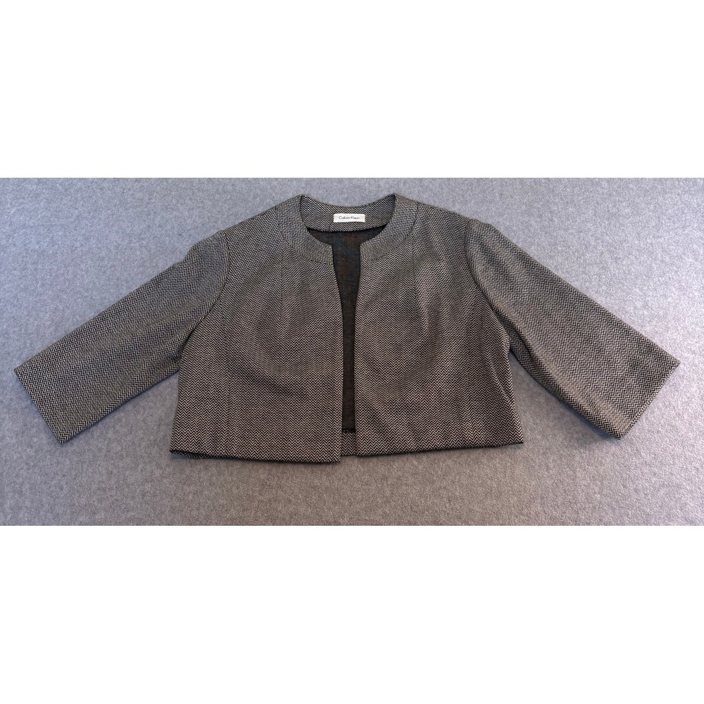 Calvin Klein Cropped Geometric Herringbone Jacket Black White Open Front Blazer